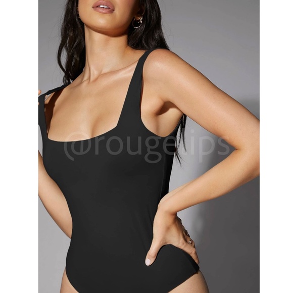 Black Tank Bodysuit Square Neck Slim Fit Stretchy - Picture 2 of 8